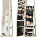 SONGMICS 360 Swivel Jewelry Cabinet, Lockable Jewelry Organizer with Full-Length Mirror, Rear Storage Shelves, Interior Mirror, Jewelry Armoire, Gift Idea, White with Gray Wood Grain UJJC006W01