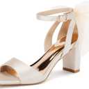 Coutgo Women's Bow Tie Heeled Sandals Chunky Heels One Strap Satin Ankle Buckle Dress Wedding Shoes (8, Champagne)