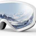 Ski Goggles, OTG 100% UV Protection Anti Fog Snowboard/Ski Goggles for Men, Women & Youth (White Frame Silver Lens Vlt10%-18%)