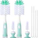 2 Pack Baby Bottle Brush with 4 Pack Straw Brushes, 10.2" Nylon Brushe with Nipple Cleaner and Stand Suction Cup, Green