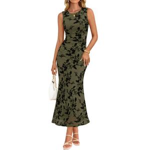 ZESICA Women's Sleeveless Floral Bodycon Maxi Dress 2026 Summer Ruched Mesh Wedding Guest Cocktail Party Dresses M