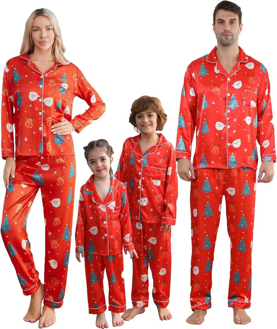 Matching Family Christmas Pajamas Set, Silk Satin Long Sleeve Button Down Comfy Loungewear for Couples, Men, Women (Red, L)