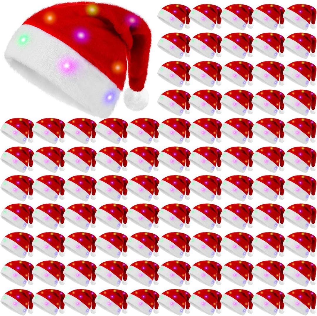 Panitay Christmas LED Light Up Hat Bulk Santa Plush Funny Red Xmas Lighted Hat for Merry Christmas Holiday New Year Adults Party Costume Props Supplies(100 Pcs)