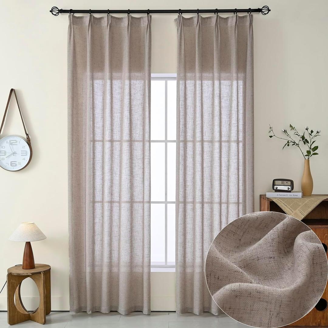 Ftinala Dark Taupe Linen Semi Sheer Curtains 108 Inches Long, Flax Brown Light Filtering Curtains & Drapes, Rustic Farmhouse Window Treatments, Pinch Pleat Floor to Ceiling Curtain with Hooks (Diy Pleat | Mink)