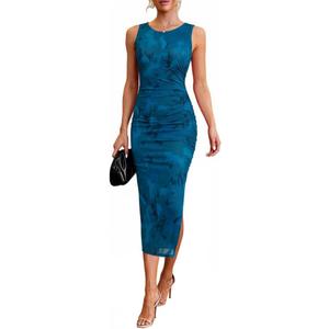 oten Women's Floral Bodycon Midi Dress Ruched Mesh Sleeveless Summer Wedding Guest Cocktail Party Dress with Slit, Small