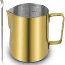 CAMKYDE Stainless Steel Milk Frothing Pitcher 12 oz, Espresso Steaming Pitcher with Decorating Pen for Espresso Machines, Cappuccino, Latte Art (Gold)