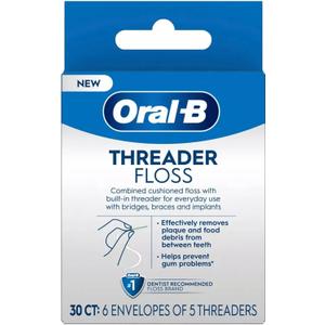 Oral-B Threader Floss 30 Count: 6 Envelopes of 5 Threaders (Pack of 3)
