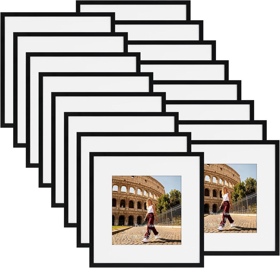 Giftgarden 12x12 Picture Frame Black Set of 16, Matted to 8x8 Photo with Mat, Lightweight Square Gallery Frames for Wall Hanging Display