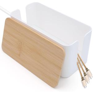 Cable Tidy Box White Cable Box with Bamboo Lid Cable Organiser Cable Management Box for Hiding Cables and Plugs