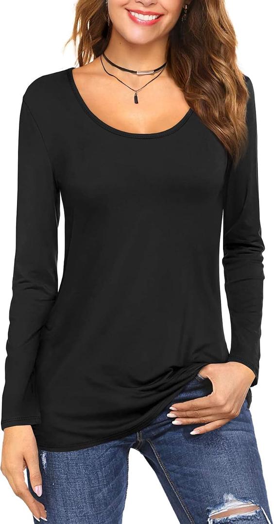 Amoretu Long Sleeve Tshirt Going Out Tops Crew Neck Plain Tee Shirt for Women Black Large
