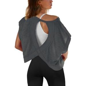 SENSERISE Womens Open Back Workout Tops Backless Short Sleeve Athletic Shirt Running Crop Top Gym Yoga Tee (Grey, Large)