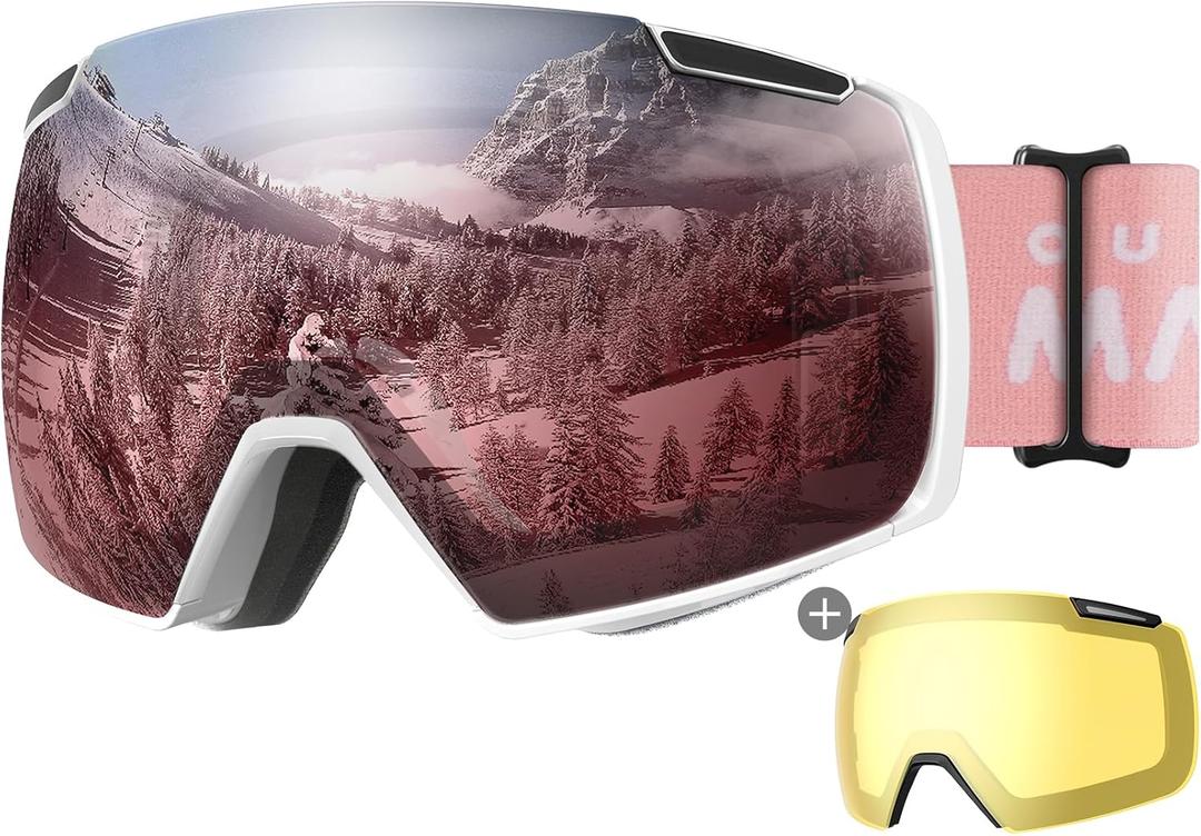 OutdoorMaster Heron Ski Goggles with 2 Lens, Frameless, Magnetic Interchangeable HD Toric Lens, OTG Snowboard Goggles
