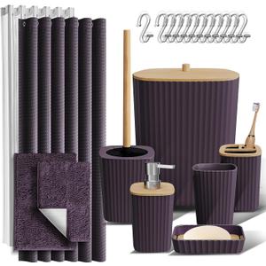 Clara Clark Bathroom Accessories Set - Bathroom Set, Bathroom Sets with Shower Curtain and Rugs, Shower Curtain Set with Trash Can - Purple - 22PC
