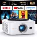 Smart 4K Decoding Projector Compatible with Netflix, 1500 ANSI Projector with WiFi and Bluetooth, Outdoor Movie Projector, Auto Focus, Dolby Sound, Built-in Apps,Portable Home Theater for Phone/PC/PS5 (White)