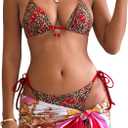 Verdusa Women's 2 Piece Cherry Leopard Print Bikini Set Halter Triangle Cheeky String Bathing Suit, Medium, Brown/Red
