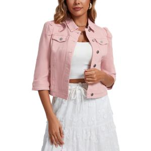 Women's Jean Jacket Cropped Denim Jacket Stretchy 3/4 Puff Sleeve Distressed with Pockets, Medium