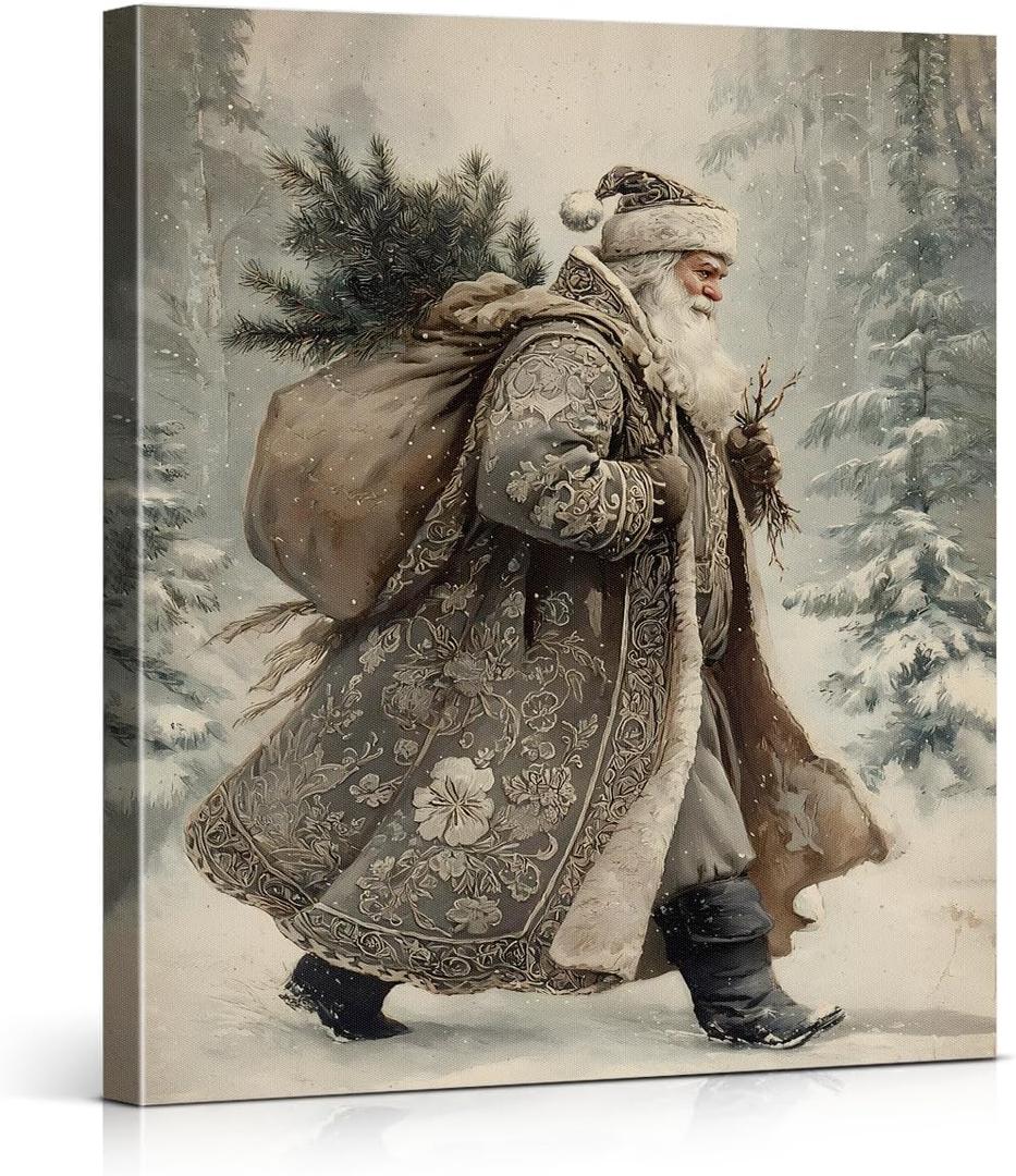 Vintage Santa Claus Christmas Wall Art Decor Santa in Forest Winter Prints Painting Christmas Wall Decor for Home Living Room Bedroom 8x10 Inch Framed
