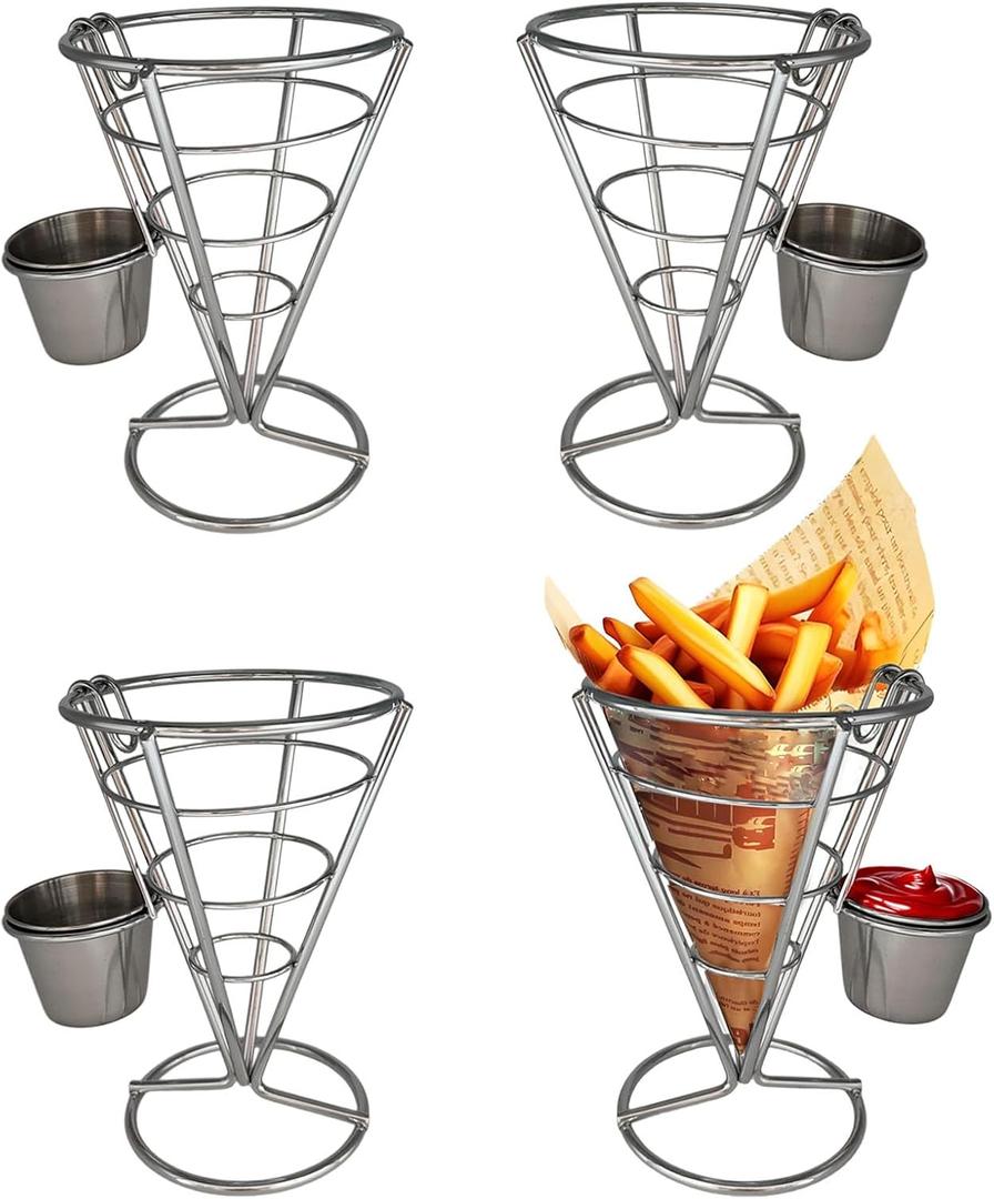4PCS French Fries Racks with Dipping Cups, Stainless Steel Snack Basket for Fried Foods, Ice Cream Cone Holder French Fry Display Holder for Buffets, Festivals and Party Celebrations