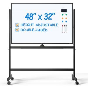 TSJ OFFICE Large Rolling Whiteboard - Dry Erase Magnetic 48 x 32 Inches White Board Height Adjust Double Sides Mobile Portable Easel on Wheels, Dry Erase Board with Stand for Office, Home & Classroom (Black)