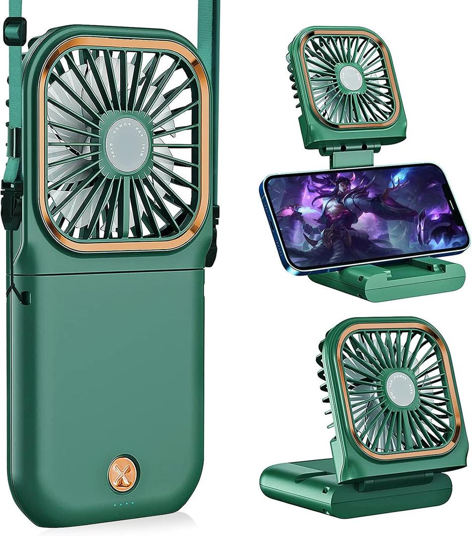 Portable Handheld Personal Necklace Fan Foldable Mini Quiet USB Rechargeable Fan With Mobile phone bracket function, 3000mAh Power Bank Hands Free Necklace Fans (Upgrade Green)