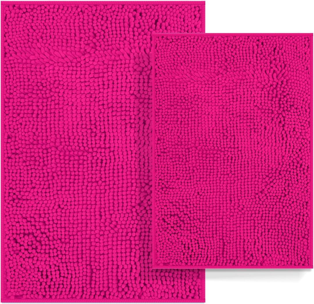 Bathroom Rugs Set 2 Piece Bathroom Sets Bath Rugs Non Slip Bath Mats for Bathrooms, Thick Soft Chenille Bath Rug Set, Bathtub Mat, Ultra Absorbent Baths Carpet, Shaggy Bathrooms Floor Mat, Hot Pink