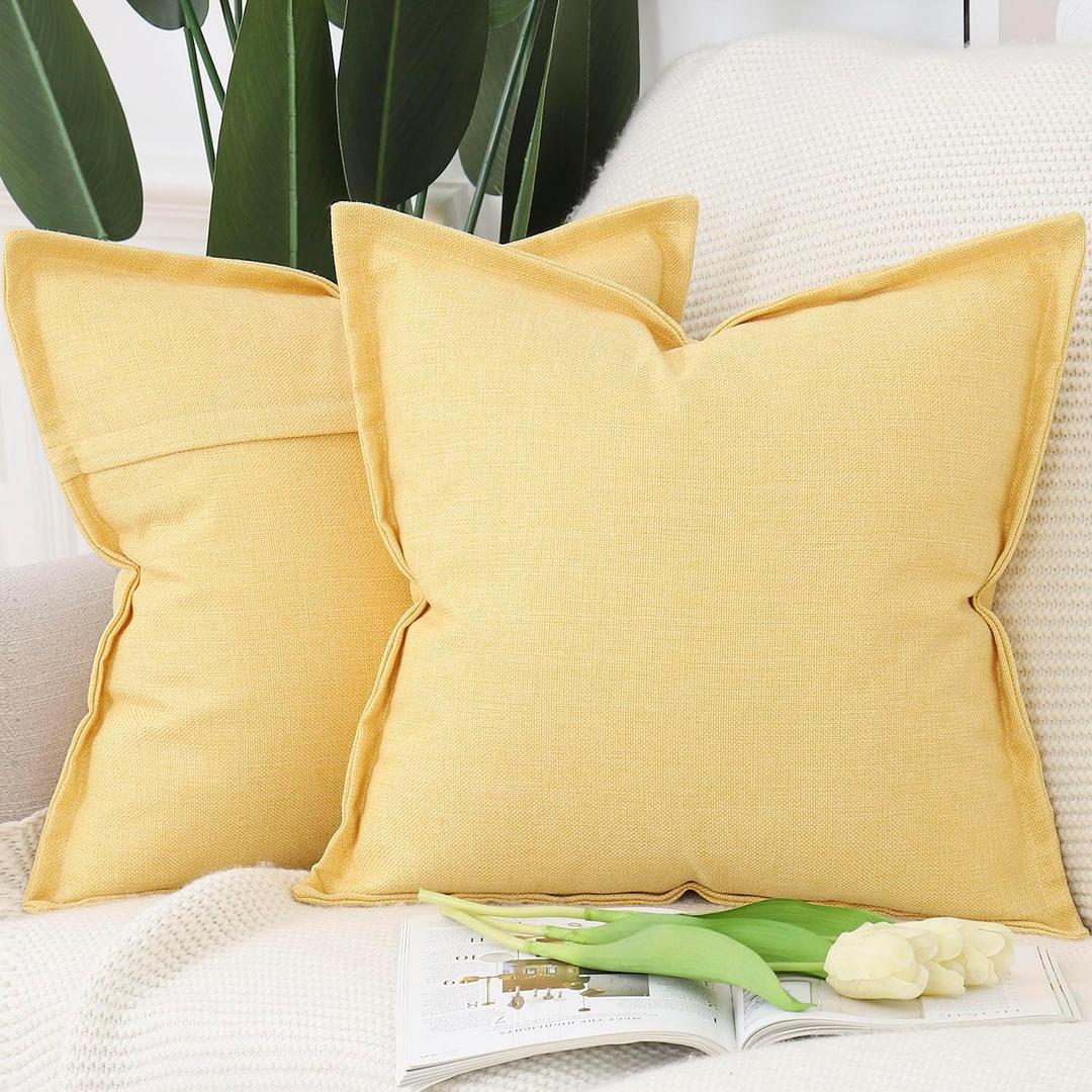 MADIZZ Pack of 2 Faux Rustic Linen Throw Pillow Covers with Flange Edge Soft Boho Natural Decorative Pillowcases for Sofa Living Room Modern Throw Pillows for Bed 24x24 Inch Yellow