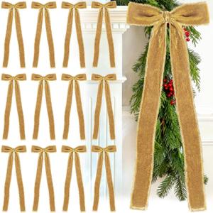 Glitinsel 20 Pcs Khaki Large Velvet Christmas Bows 4.7" x 11" Big Pre Tied Handmade Fringe Velvet Ribbon Bows 1" Wide Rustic Crafts Gift-Bows with Twist Tie for Gift Wrapping Christmas Decor