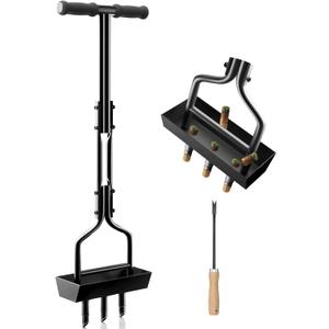 Lawn Aerator Tool with Storage Tray for Soil Core Yard Tools Lawn Care with 3 Tines & Clean Tool Lawn Plug Aerator for Compacted Soil Garden Yard Lawn Care