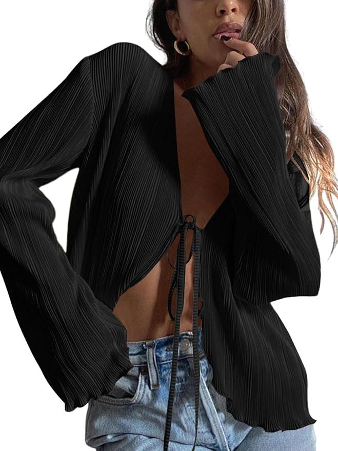 ZAFUL Women's Deep V Neck Tie Front Top Flare Sleeve Plisse Pleated Blouse Shirt Top Y2k Vintage Streetwear, Size M