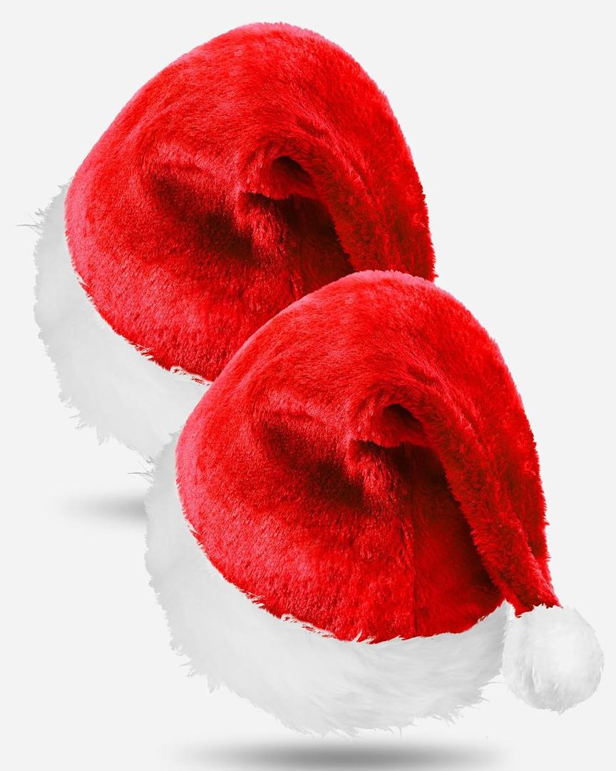 EBOOT 2 Pcs Plush Santa Hats Holiday Christmas Short Plush Claus Cap with Lined Unisex Velvet Comfort Xmas Hat Thicken Plush (Red)