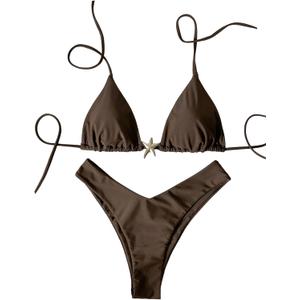 OYOANGLE Women's 2 Piece Swimsuit Starfish Decor Triangle Halter Bikini Set Bathing Suit (Large, Brown)