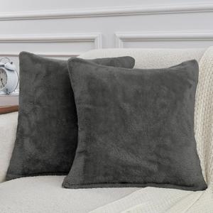 YIYEA Faux Fur Pillow Cases Set of 2, Luxury Ultra Soft Fuzzy Pillowcases, Fluffy Plush Velvet Pillow Covers with Zipper, Cozy Warmth and No Shedding, 18 x 18, Dark Gray