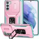 for Galaxy S21 Case with Sliding Camera Lens Cover, HD Screen Protector,360 Rotating Kickstand, AYMECL Military-Grade Shockproof Protective Cover for Samsung Galaxy S21,Pink+Turquoise