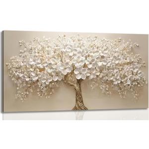 Large Tree of Life Canvas Wall Art Gold and White Big Tree Painting Picture Wall Decor Botanical Floral Poster Print Artwork for Office Living Room Dining Bedroom Home Decoration, 40"L x 20"W