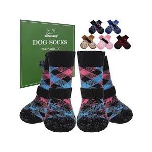 EXPAWLORER 6Pcs Anti-Slip Dog Socks to Prevent Licking Paws,Winter Snow Dog Boots & Paw Protectors, Dog Booties Traction Control on Hardwood Floor,Dog Shoes for Puppy Small Medium Large Senior Dogs (Grey) M