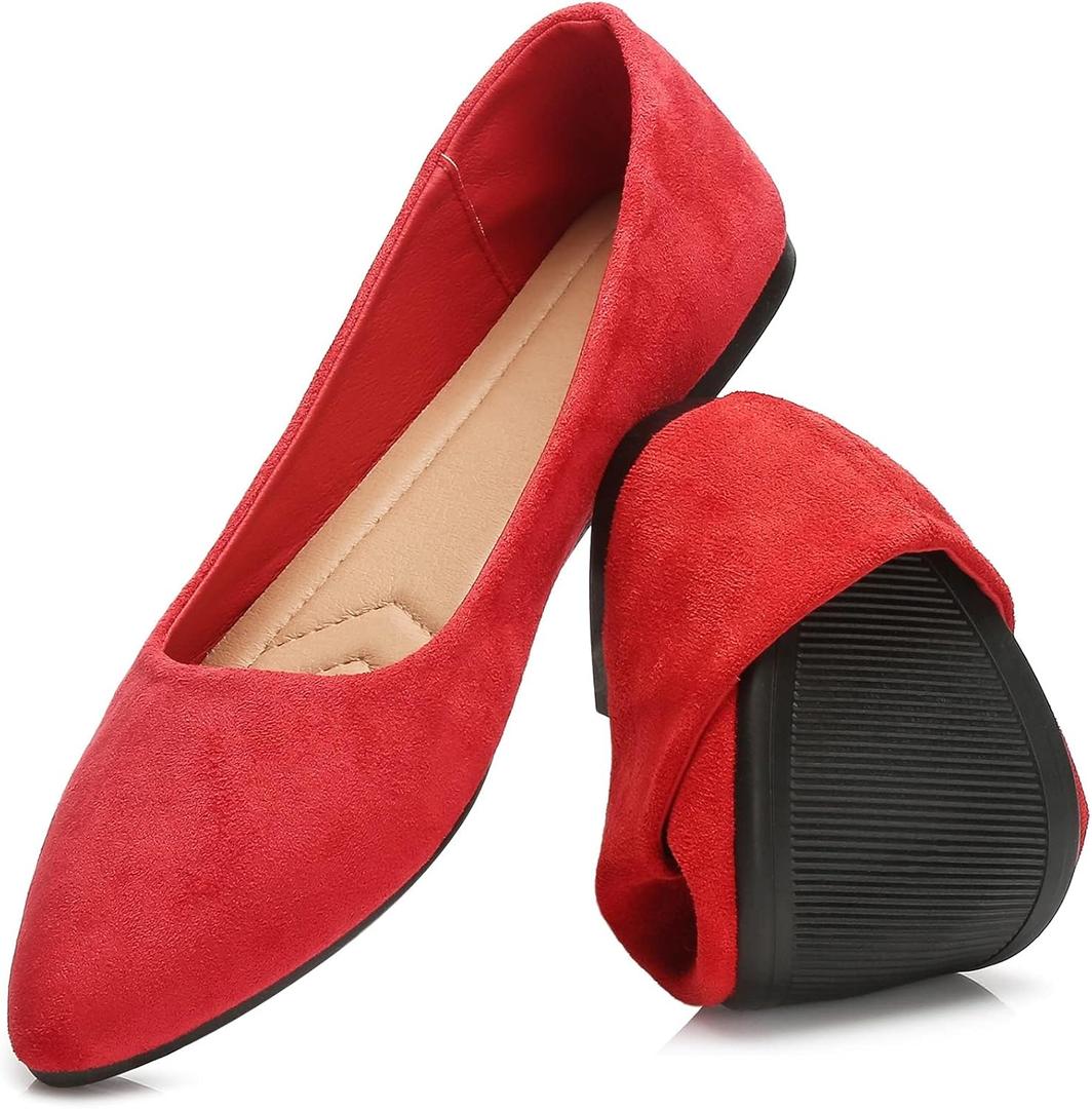 HEAWISH Womens Black Flats Shoes Comfortable Suede Pointed Toe Slip On Casual Ballet Flats Dress Shoes Nude Flats (9, Red)