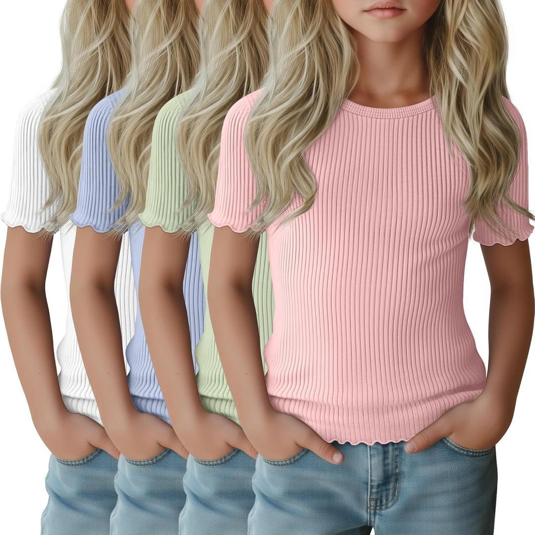 4 Pack Girls Short Sleeve Tops Ribbed Cotton Lettuce Trim T Shirts Crew Neck Cute Basic Tees for Kids Teen (5-6 Years, White, Light Blue, Light Green, Light Pink)