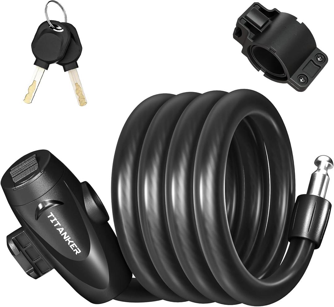 Titanker Bike Lock, Bike Lock Cable 4 Feet Coiled Secure Bicycle Lock with Keys Scooter Lock Bike Locks 1/ 2 Inch Thick Heavy Duty Anti Theft Bike Cable Lock with Mounting Bracket