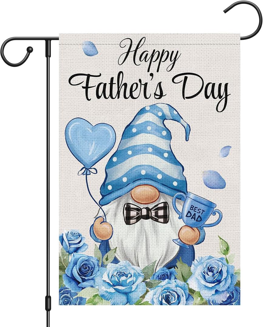 2 x Heyfibro Happy Father's Day Garden Flag 12x18 Double Sided Burlap, Blue Gnome Best Dad Rose Floral Father's Day Yard Banner, Buffalo Plaid Bow Tie Love Heart Trophy Outdoor Decor (ONLY FLAG)