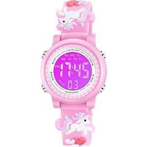 Venhoo Kids Watches 3D Cartoon Waterproof 7 Color Lights Toddler Wrist Digital Watch with Alarm Stopwatch for 3-10 Year Girls Little Child (Pink)