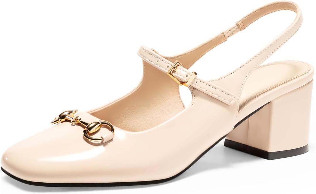 PiePieBuy Womens Slingback Chunky Heels Mary Jane Shoes Slip On Buckle Strap Dress Shoes Closed Round Toe Pumps (8, Beige)