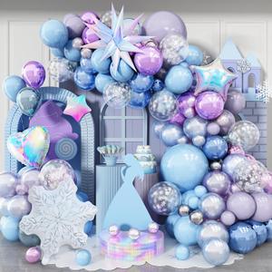 152 Pack Pink Purple Blue Princess Balloons Arch, Princess Winter Snowflake Birthday Party Decor Balloon Garland Kit with Iridescent Foil Balloons *4, Metallic Pearl Balloon for Girls Christmas Decor