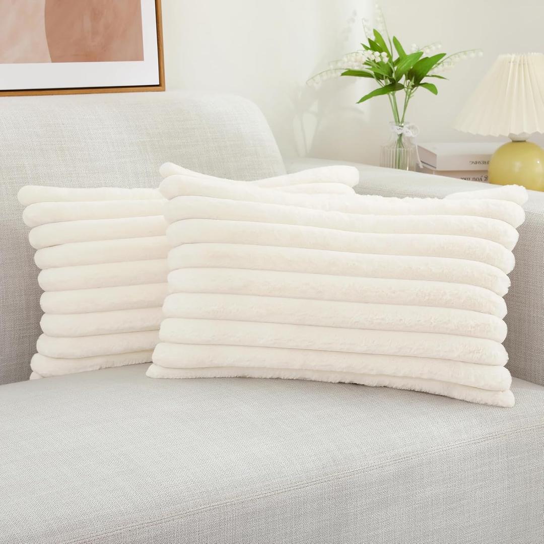 decorUhome Faux Fur Spring Throw Pillow Covers 12x20 Set of 2, Decorative Soft Plush Striped Lumbar Neutral Couch Pillow Covers with Velvet Back for Sofa, Bed, Living Room Home, Cream White