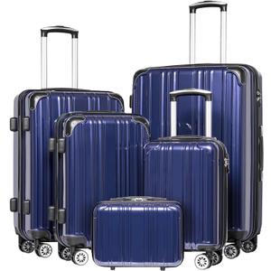 Coolife Luggage Expandable 5 Piece Sets PC+ABS Spinner Suitcase 20 inch 24 inch 28 inch (navy new)
