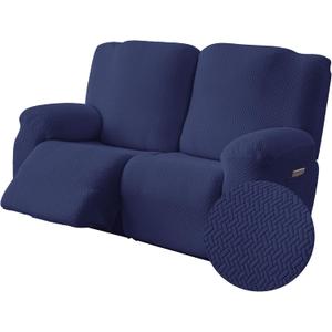 Genina Recliner Loveseat Covers, Stretch Reclining Sofa Covers, 2 Seater Couch Cushion Stripe Jacquard Recliner Slipcovers - Furniture Protector Covers for Pet Kid (Navy Blue) (48-64 in 2 Seater)