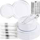 WELLIFE 210 Piece Silver Plastic Dinnerware Set for 30 Guests, Plastic Plates for Party, Include: 30 Dinner Plates, 30 Dessert Plates, 30 Pre Rolled Napkins with Silver Silverware and 30 Silver Cups