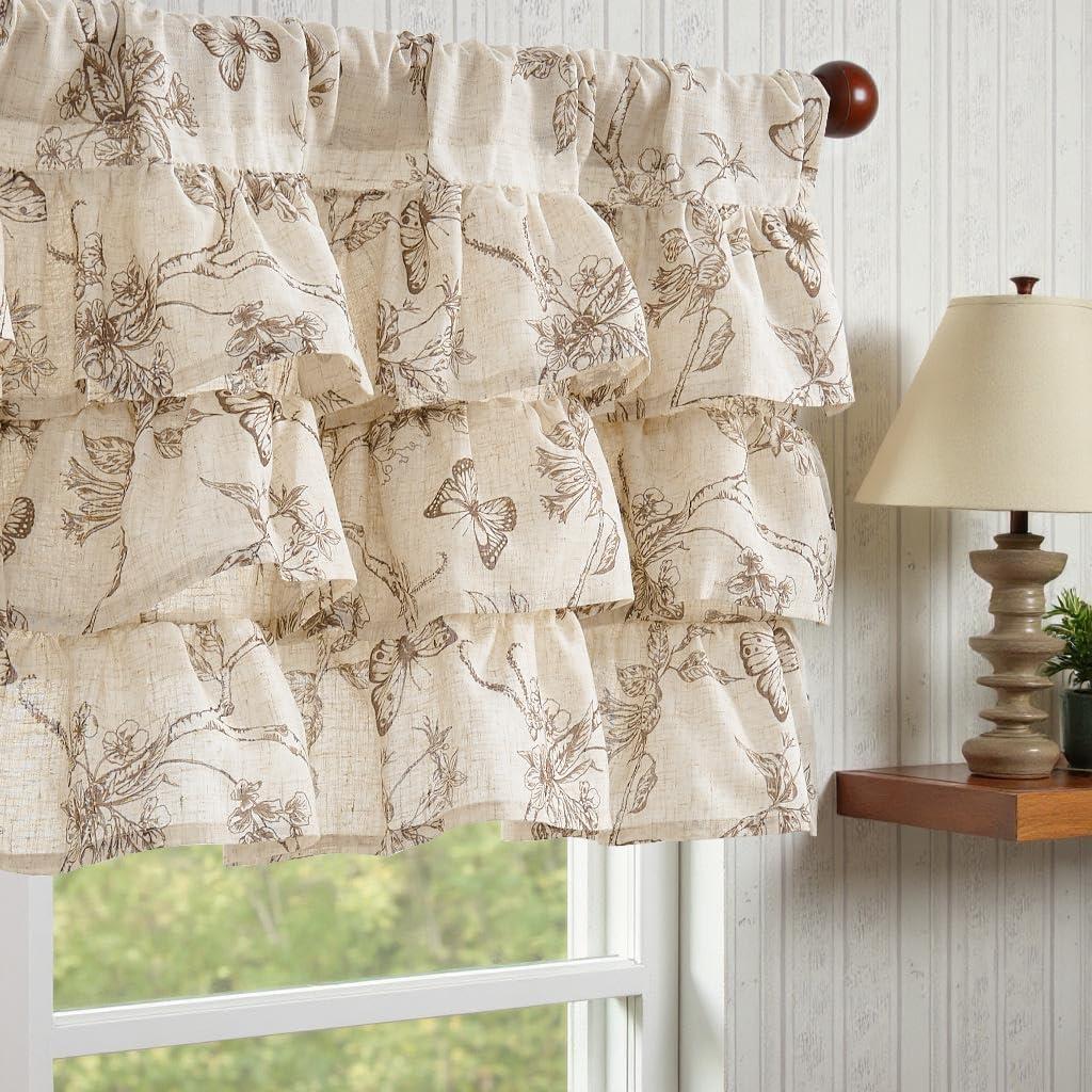 jinchan Ruffled Valance Curtain Linen Floral Kitchen Valance 18 Inch Shabby Chic Small Window Treatment for Living Room Farmhouse Cottagecore Light Filtering Rod Pocket 1 Panel Taupe on Beige