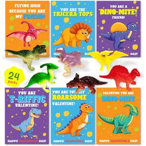 Valentines Day Cards for Kids School, Dinosaur Designs of Valentine Cards with 24 Crads & 24 Dinosaur Figure Toys for Valentine's Day Kids Classroom Gifts Exchange Party Favors for Boys Girls