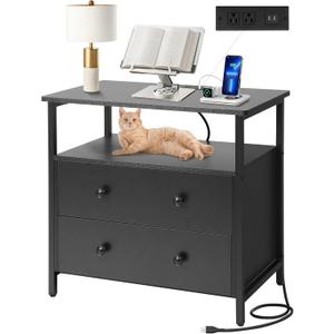 27 inch Wide Night Stand with Charging Station, Bedside Table with Open Shelf, 2 Drawers Small Wood Dresser, Modern Wood Nightstand for Bedroom/Living Room (Black)