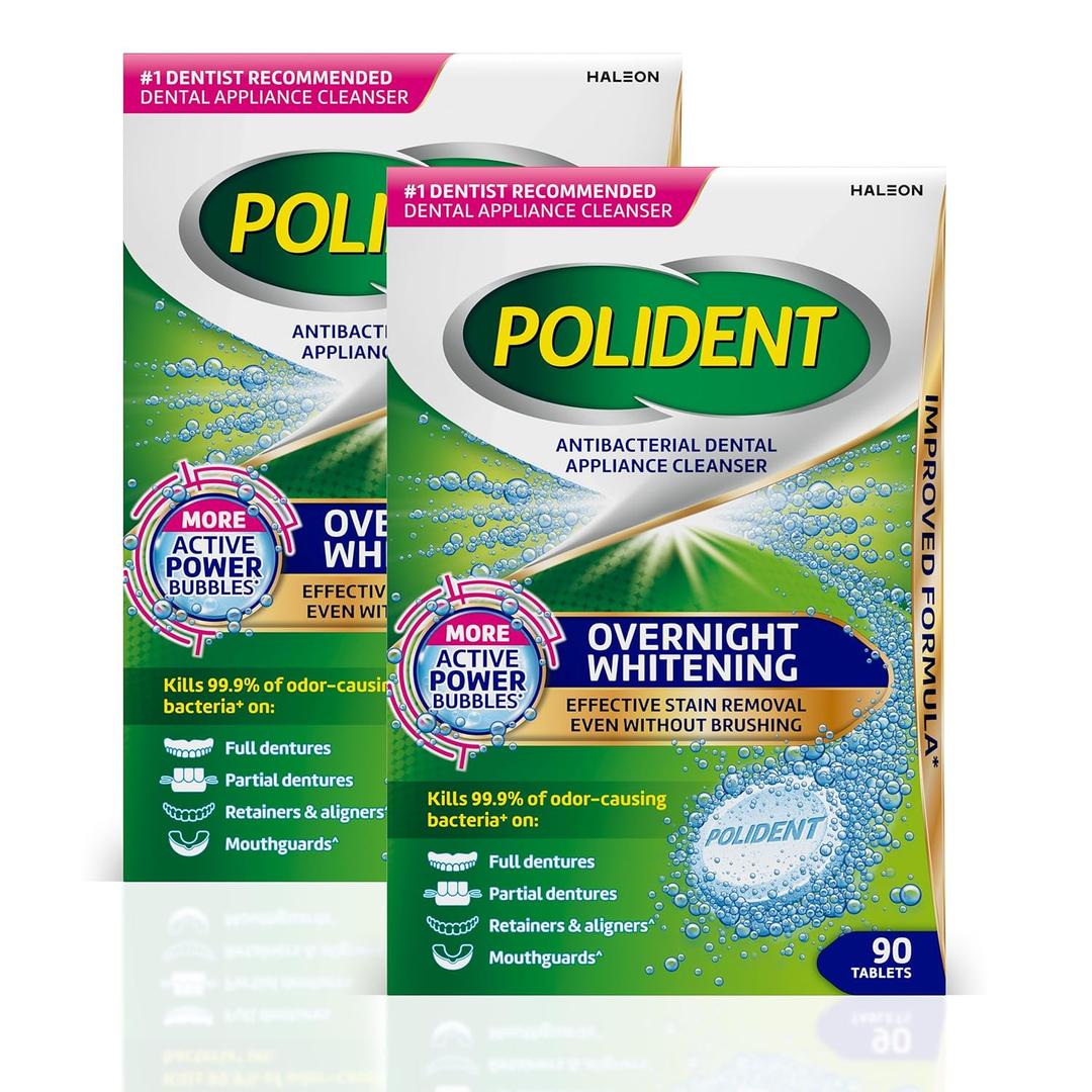 Polident Overnight Whitening Antibacterial Dental Appliance Cleanser Tablets, 90 Count (2 Pack)